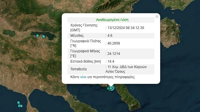 تم تسجيل زلزال قوي جديد بقوة ٤.٦ ريختر على جبل آثوس