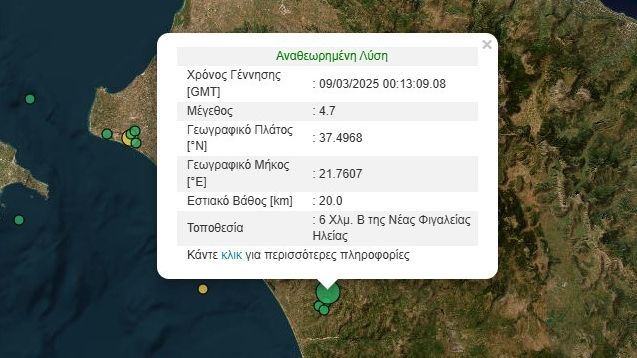 زلزال بقوة ٤.٧ درجة على مقياس ريختر في نيا فيغاليا، إيليا